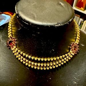 Elegant Gold and Red Floral Necklace. Vintage. With faux diamonds.comes in box